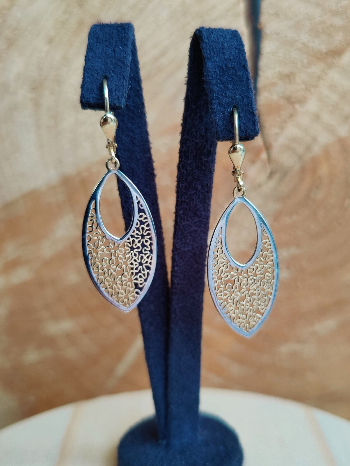 Solid Drop Dangly Earrings 9ct Yellow Gold Leverback Decorative Floral Pattern