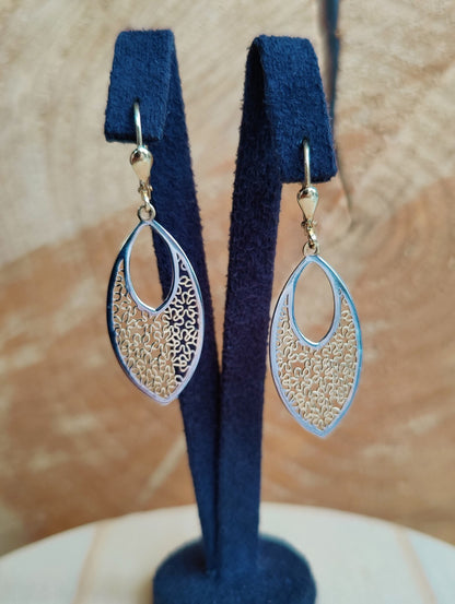 Solid Drop Dangly Earrings 9ct Yellow Gold Leverback Decorative Floral Pattern