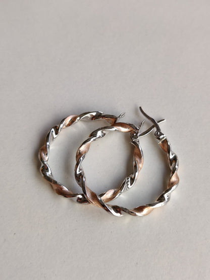 9ct White and Rose Gold Twist Hoop Earrings 2.7 grams 40mm Hallmarked New