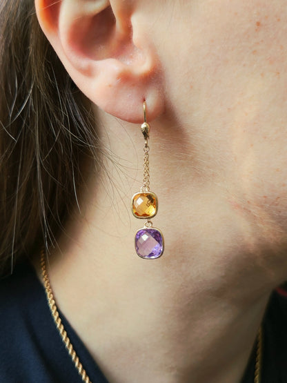 New 9ct Yellow Gold Drop Earrings 5grams Amethyst and Citrine Big Stones