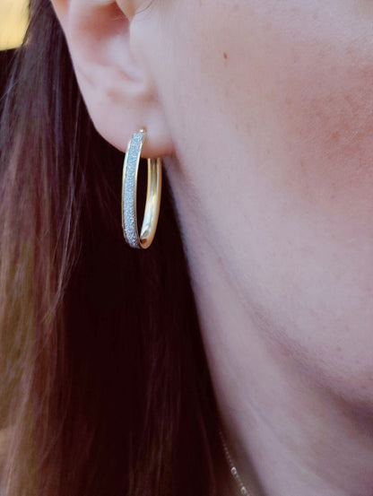 NEW 9ct Solid Yellow/White Gold GLITTERED Earrings Drops Hoops