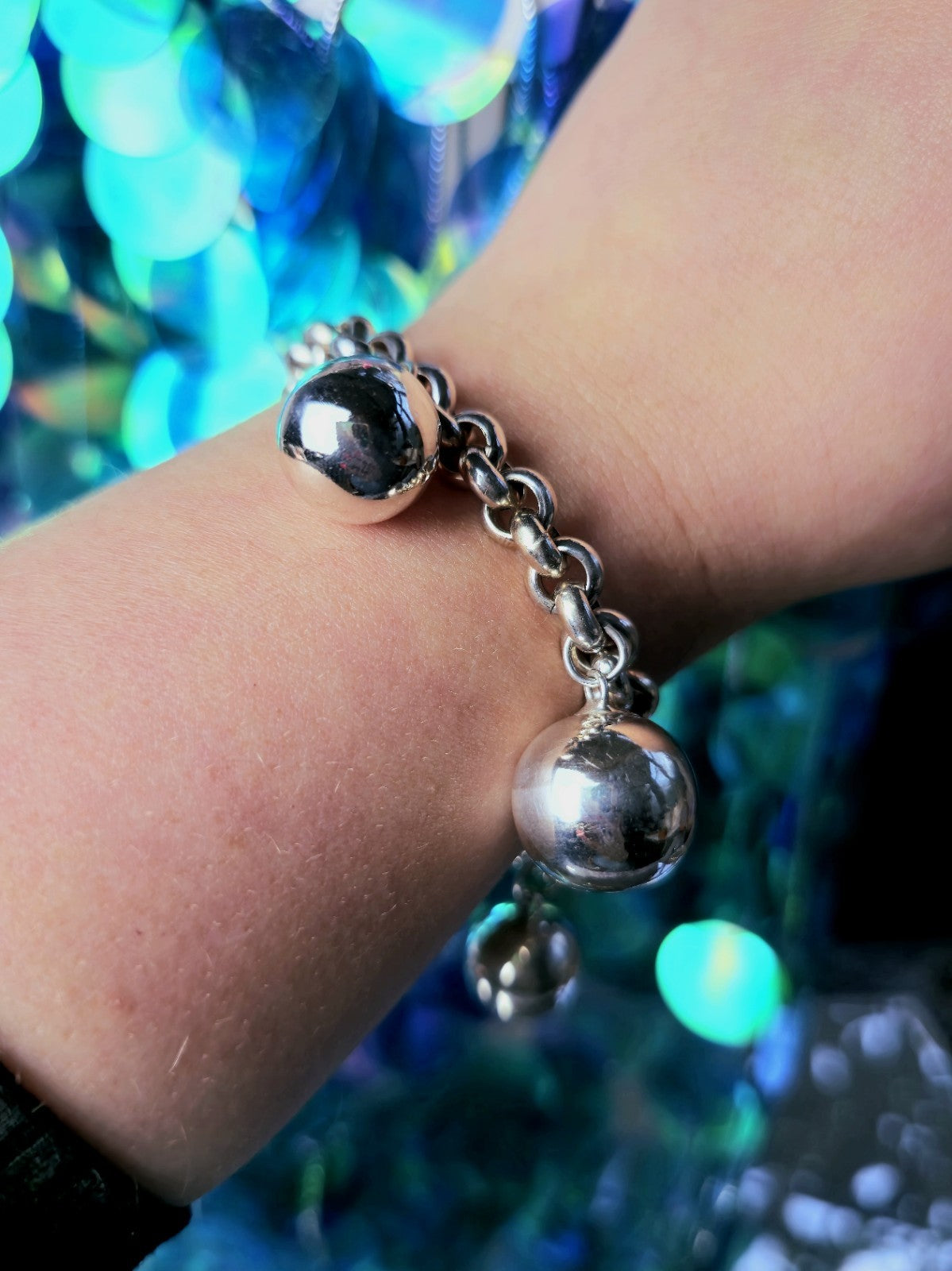 Sterling Silver Chunky Ball Charm Chain Bracelet 5 Dangling Balls Big Heavy