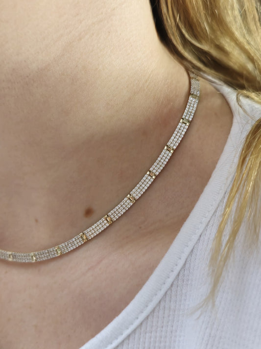 New Iced/Loaded Solid 9ct Yellow Gold Collar/Necklace 7.5inch C/Z Pave Hallmark