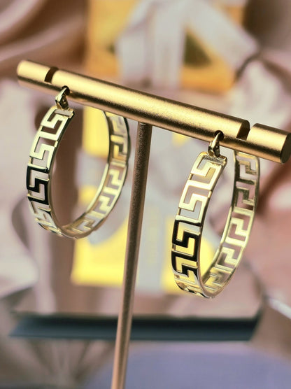 NEW 9ct Yellow Gold Solid Hoop Greek Key Earrings See Through Wide Hoops