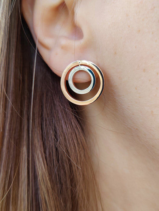 Solid 9ct Rose White Gold Double Circle Earrings Studs New 2 grams Butterflys