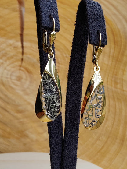 Solid Drop Dangly Earrings 9ct Yellow Gold Leverback Hallmarked Tree Pattern