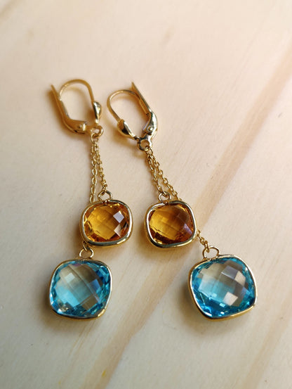 New 9ct Gold Drop Earrings 5grams Blue Topaz and Citrine Big Stones Hallmarked