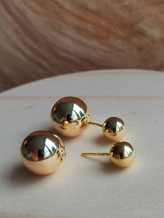 Double Ball Reversible 9K Yellow Gold Stud Earrings 8-14 mm Hallmarked Two Balls
