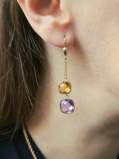 New 9ct Yellow Gold Drop Earrings 5grams Amethyst and Citrine Big Stones