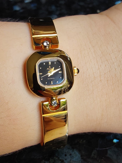Unique Gold Plated Ladies Watch, Bangle Bracelet, Black Dial, Working, Elegant 