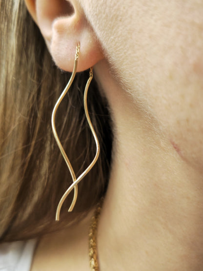New 9ct Yellow Gold Twist Drop Earrings DOUBLE Squiggle Pull Through Wavy Moving