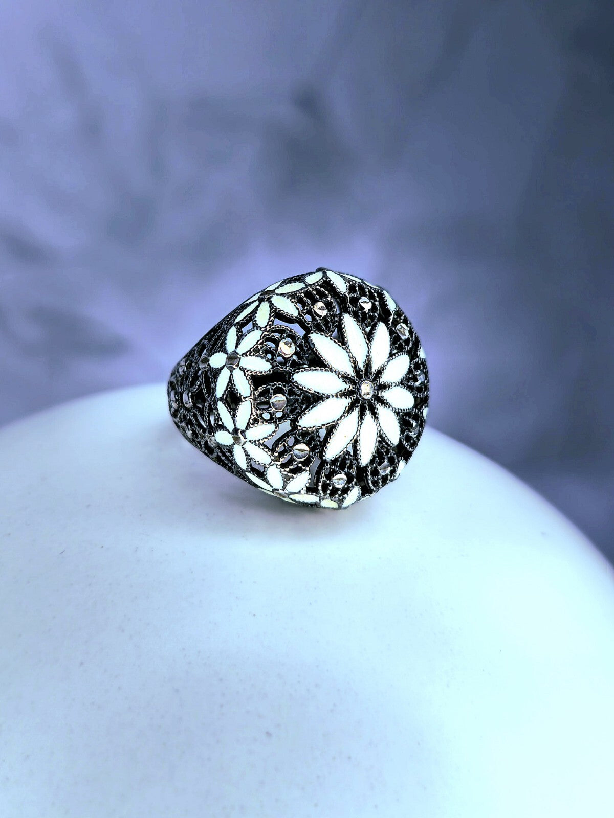 Sterling Silver 925 Ring Art Decor Oxidised Enamel Dress Cocktail, size O+ Black