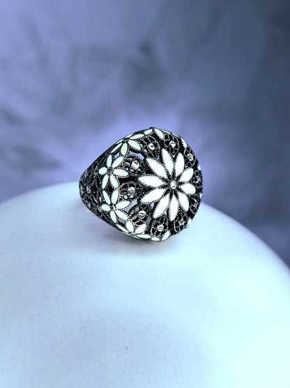 Sterling Silver 925 Ring Art Decor Oxidised Enamel Dress Cocktail, size O+ Black