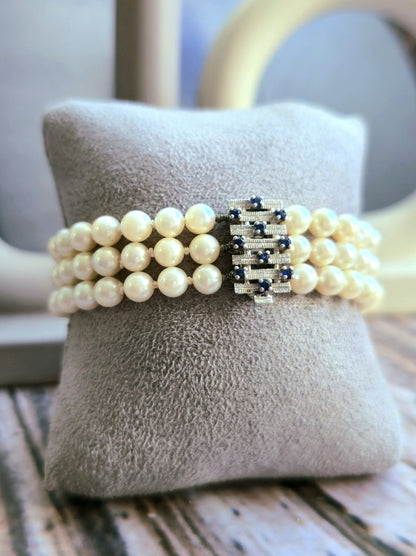 Vintage 14K White Gold and Sapphire Pearl Bracelet 3 Row Triple String 585