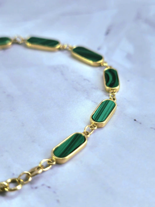 New Solid 9k Yellow Gold And Malachite Bracelet 7.5inch Hallmarked Lovely