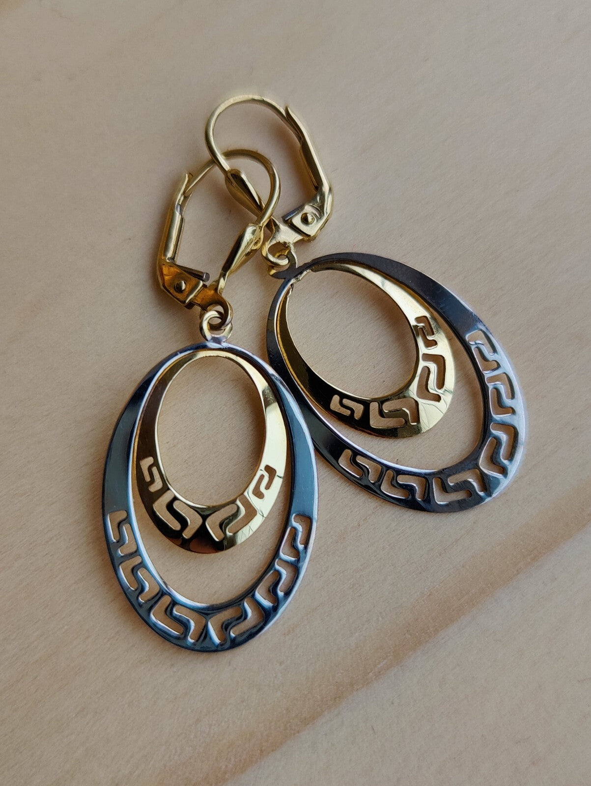 NEW OVAL Earrings 9ct Yellow/White Gold Leverback Hallmarked Greek Key Pattern 