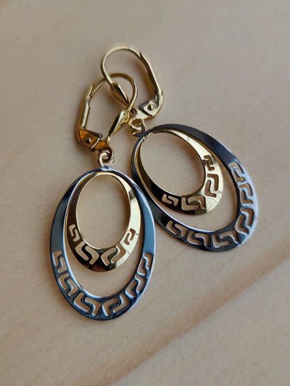 NEW OVAL Earrings 9ct Yellow/White Gold Leverback Hallmarked Greek Key Pattern 