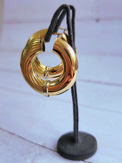 18ct Yellow Gold CHUNKY ROUND CREOLE HOOP EARRINGS Fashion 37mm Hoops Thick