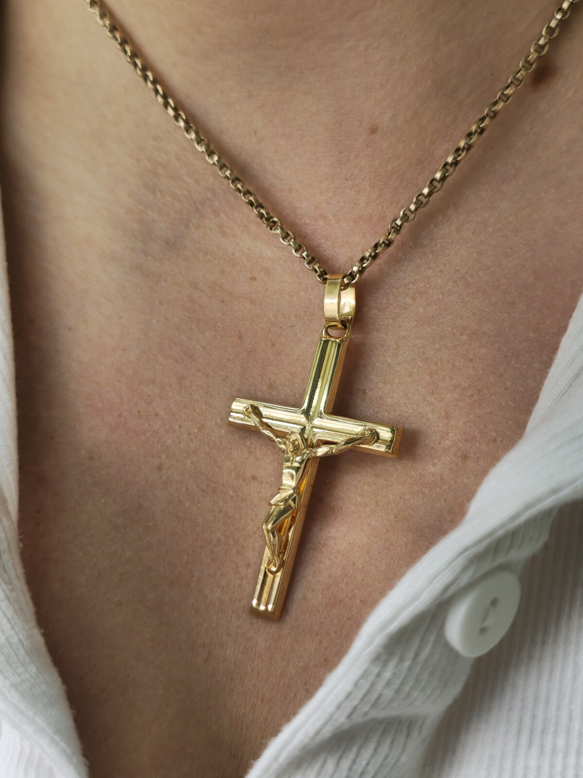 New Solid 9ct Yellow Gold Square Cross with Jesus Pendant 50mm x 30mm Hallmarked