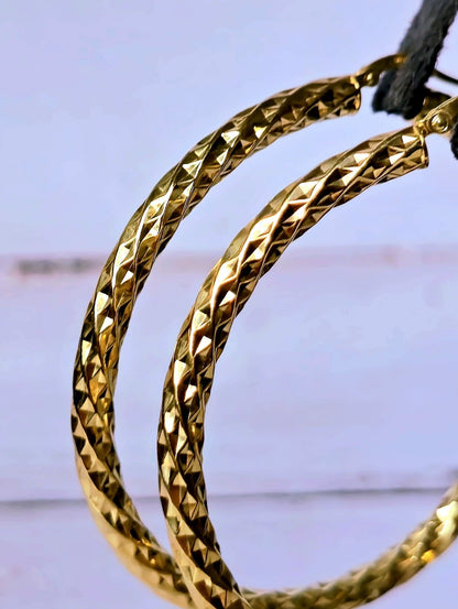 Big 9ct Yellow Gold Twisted Hoop Earrings Twist Hoops 57mm Diamond Cut Pattern