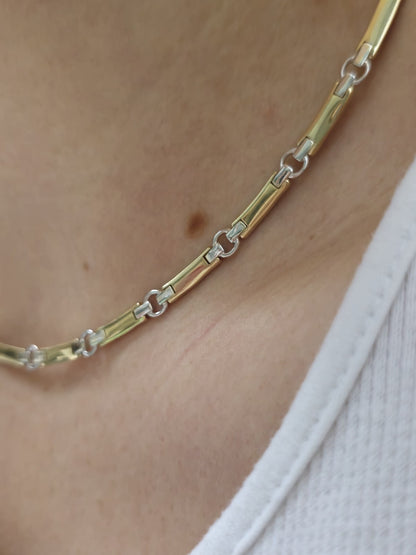 New Solid Fancy 9ct Yellow/White Gold Necklace Collar Chocker Circles/Bars 20g