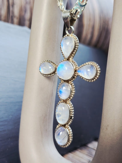 Large Solid 925 Sterling Silver Cross with Multi-shape Moonstones Pendant 9CM