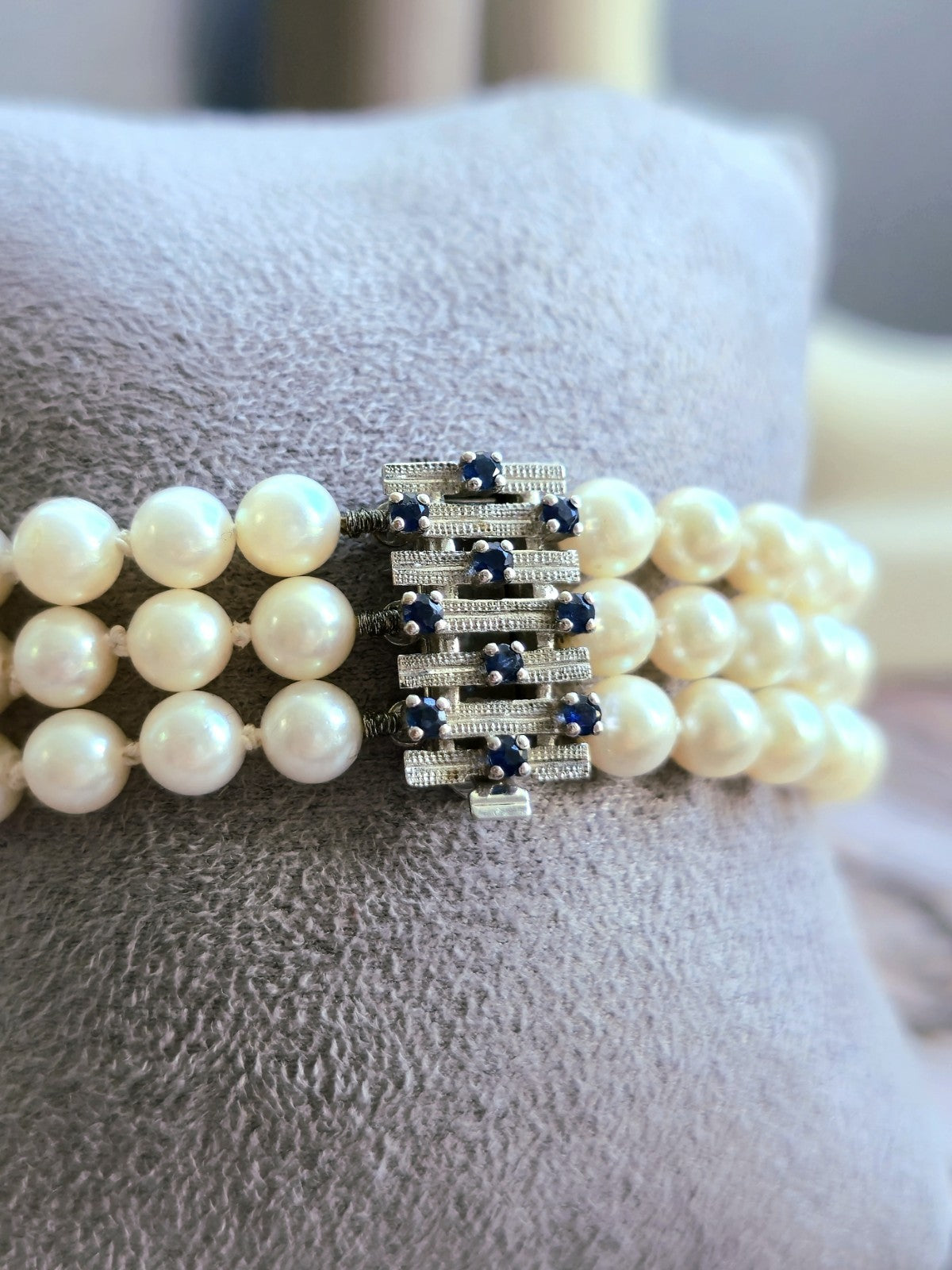 Vintage 14K White Gold and Sapphire Pearl Bracelet 3 Row Triple String 585