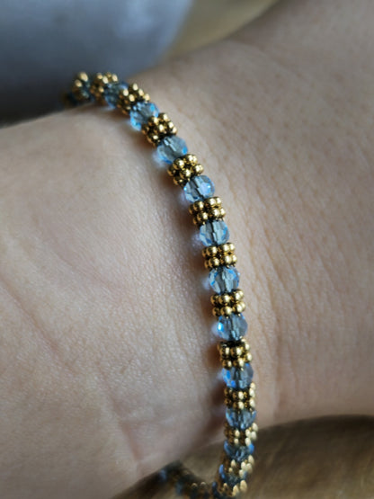 18k Yellow Gold And Blue Topaz Beaded Bracelet 8.5inch with Gold Bars Between