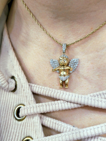 10K YELLOW GOLD PENDANT BABY ANGEL NATURAL DIAMONDS WINGS CROSS WITH CHAIN 25"