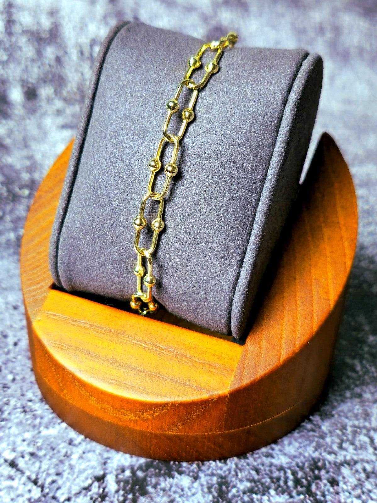 9K Yellow Gold Interlink Ball Bubble Horseshoe U Shape Chain Bracelet 18cm 7.1''