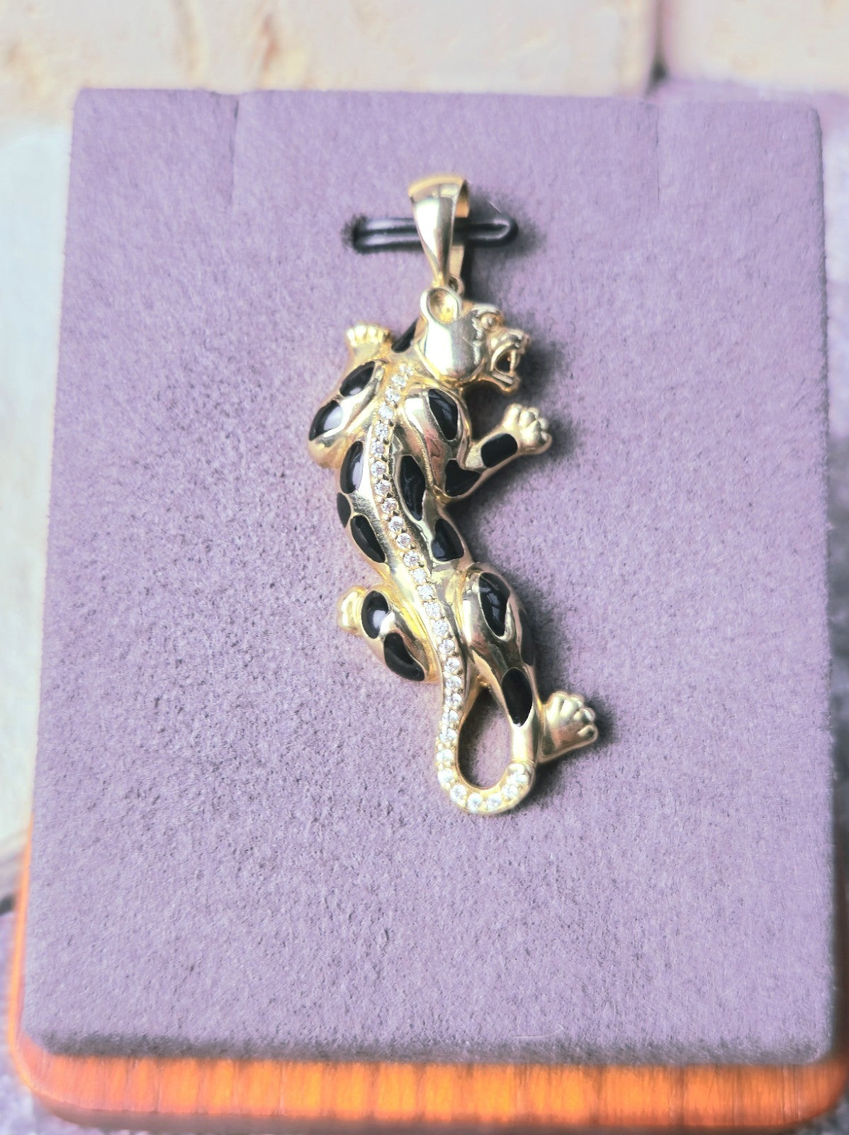New Solid 9ct Yellow Gold Panthere Pendant Charm with CZ and Enamel Cat Puma