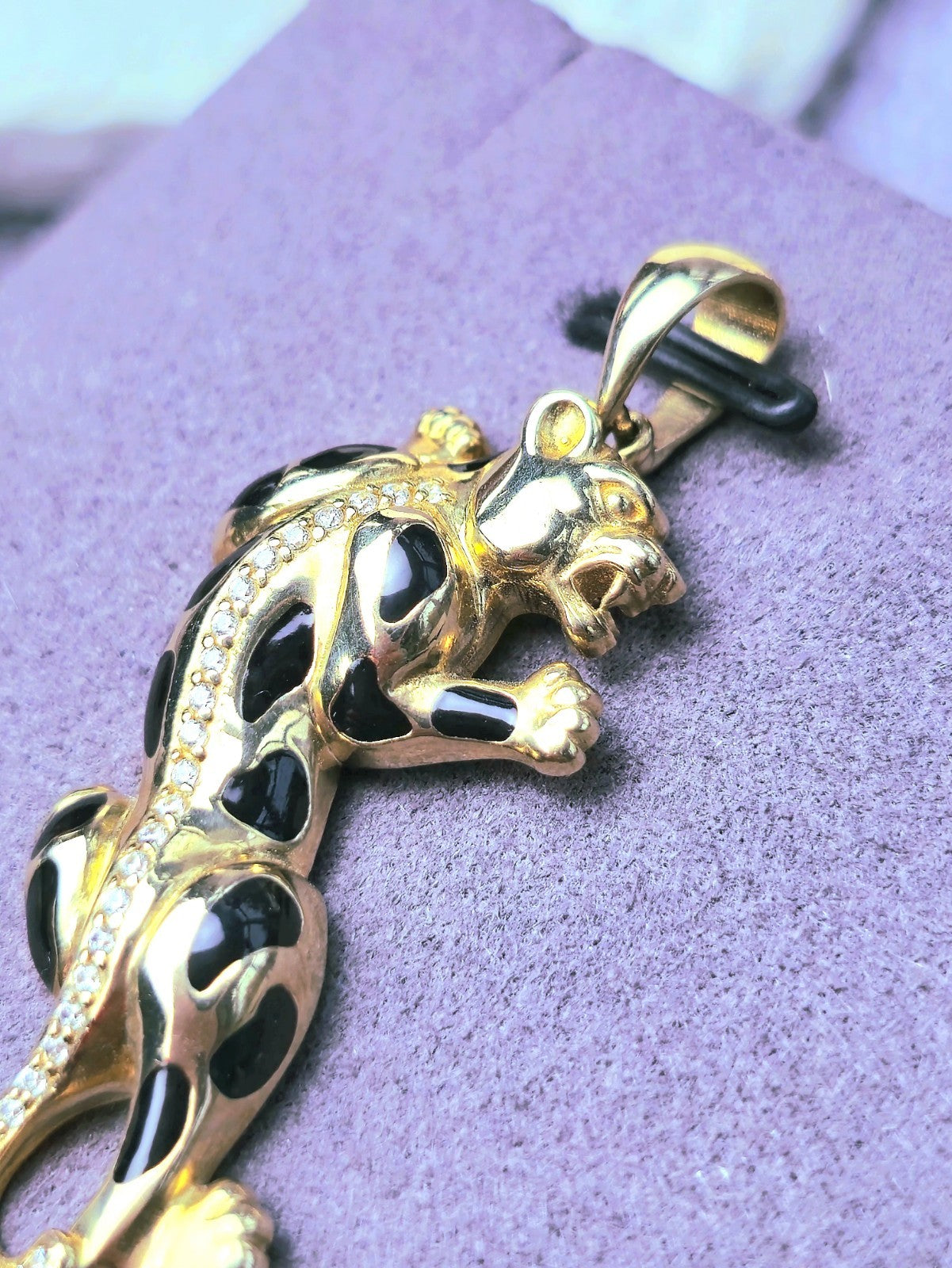 New Solid 9ct Yellow Gold Panthere Pendant Charm with CZ and Enamel Cat Puma
