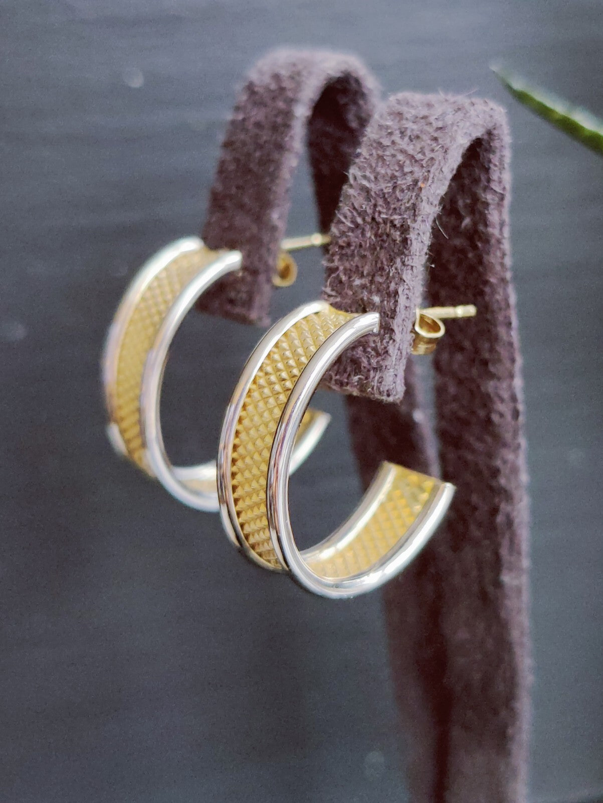 NEW 9ct Solid Yellow/White Gold Half Hoop Earrings Studs Diamond Cut Pattern
