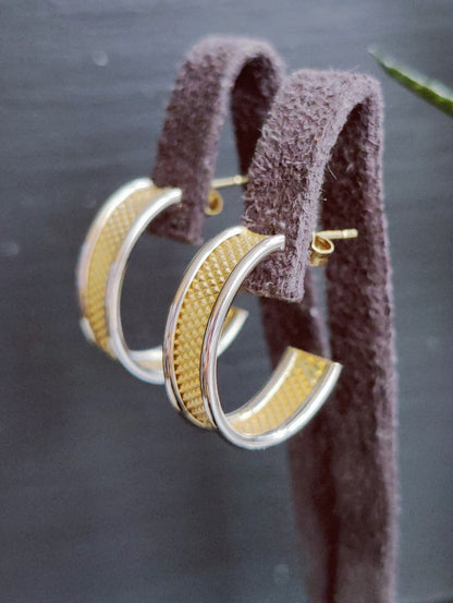 NEW 9ct Solid Yellow/White Gold Half Hoop Earrings Studs Diamond Cut Pattern