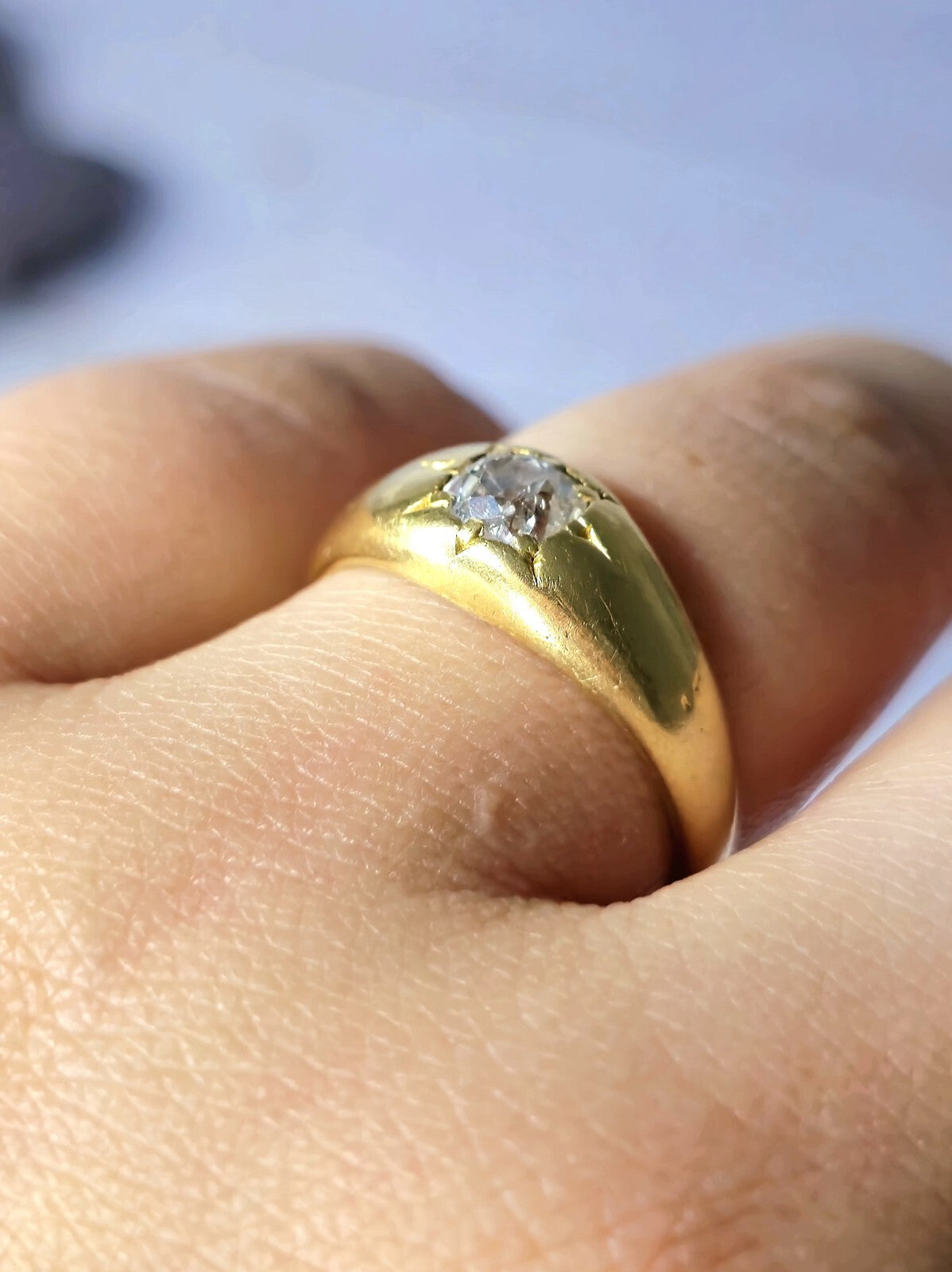 Victorian Solid 18k Yellow Gold Signet Ring Gypsy size Q+ Old Cut Diamond 0.50ct