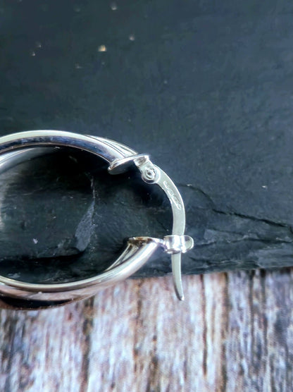 9ct Solid White Gold Crossed Hoop Earrings 26mm Twist Hoops Matt/Shiny Hinge