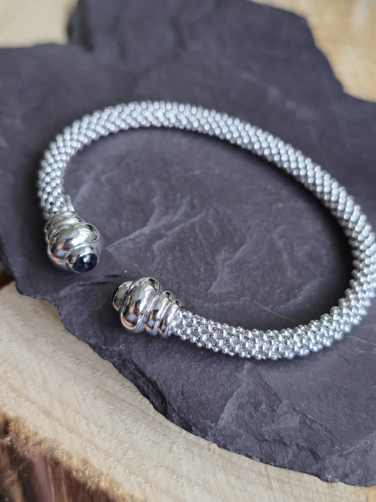 New 9k White Gold TORQUE BANGLE TORQ BALL Open Split BRACELET Hallmarked Beaded