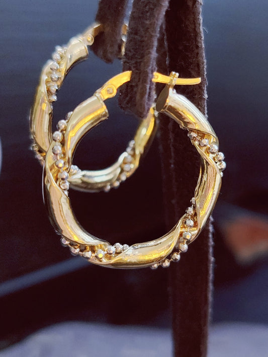 NEW 9ct Yellow/White Gold Twisted Earrings Hoops with Beaded Chain 28mm 4grams