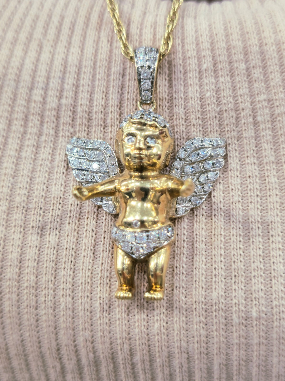 10K YELLOW GOLD PENDANT BABY ANGEL NATURAL DIAMONDS WINGS CROSS WITH CHAIN 25"
