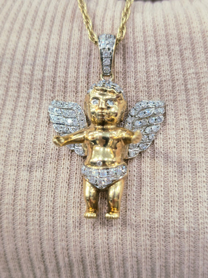 10K YELLOW GOLD PENDANT BABY ANGEL NATURAL DIAMONDS WINGS CROSS WITH CHAIN 25"