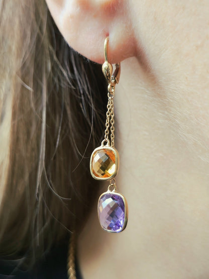 New 9ct Yellow Gold Drop Earrings 5grams Amethyst and Citrine Big Stones