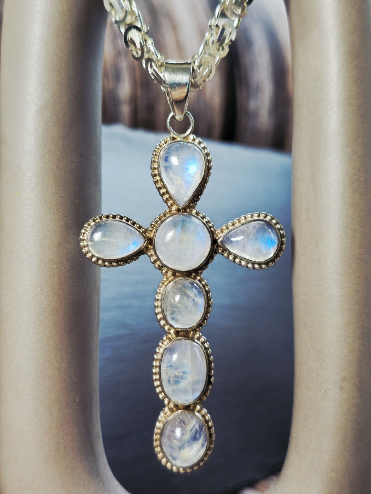 Large Solid 925 Sterling Silver Cross with Multi-shape Moonstones Pendant 9CM