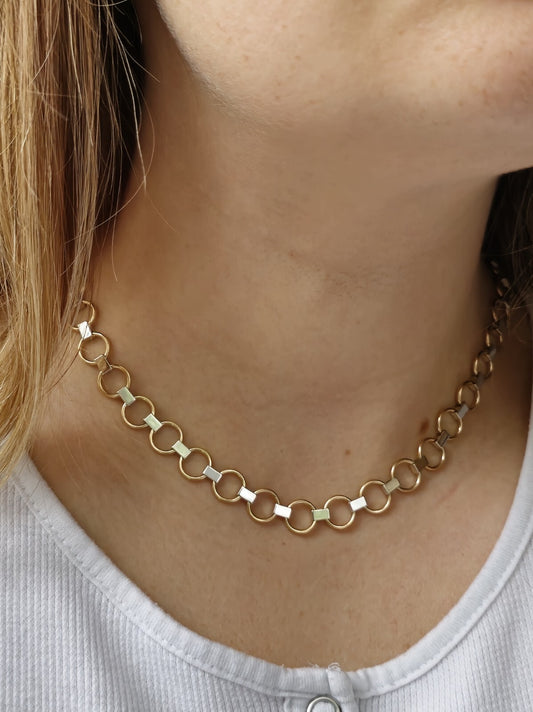 New Fancy 9ct Yellow/White Gold Necklace Collar Chocker Circles/Bars Lovely 11g