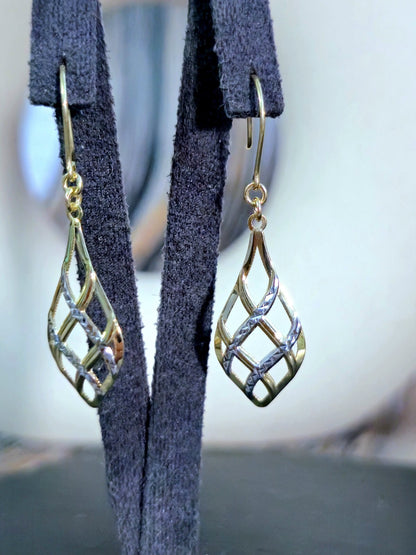 New 9ct Yellow/White Gold Solid Drop Dangling Earrings Hook Clasp Diamond Cut
