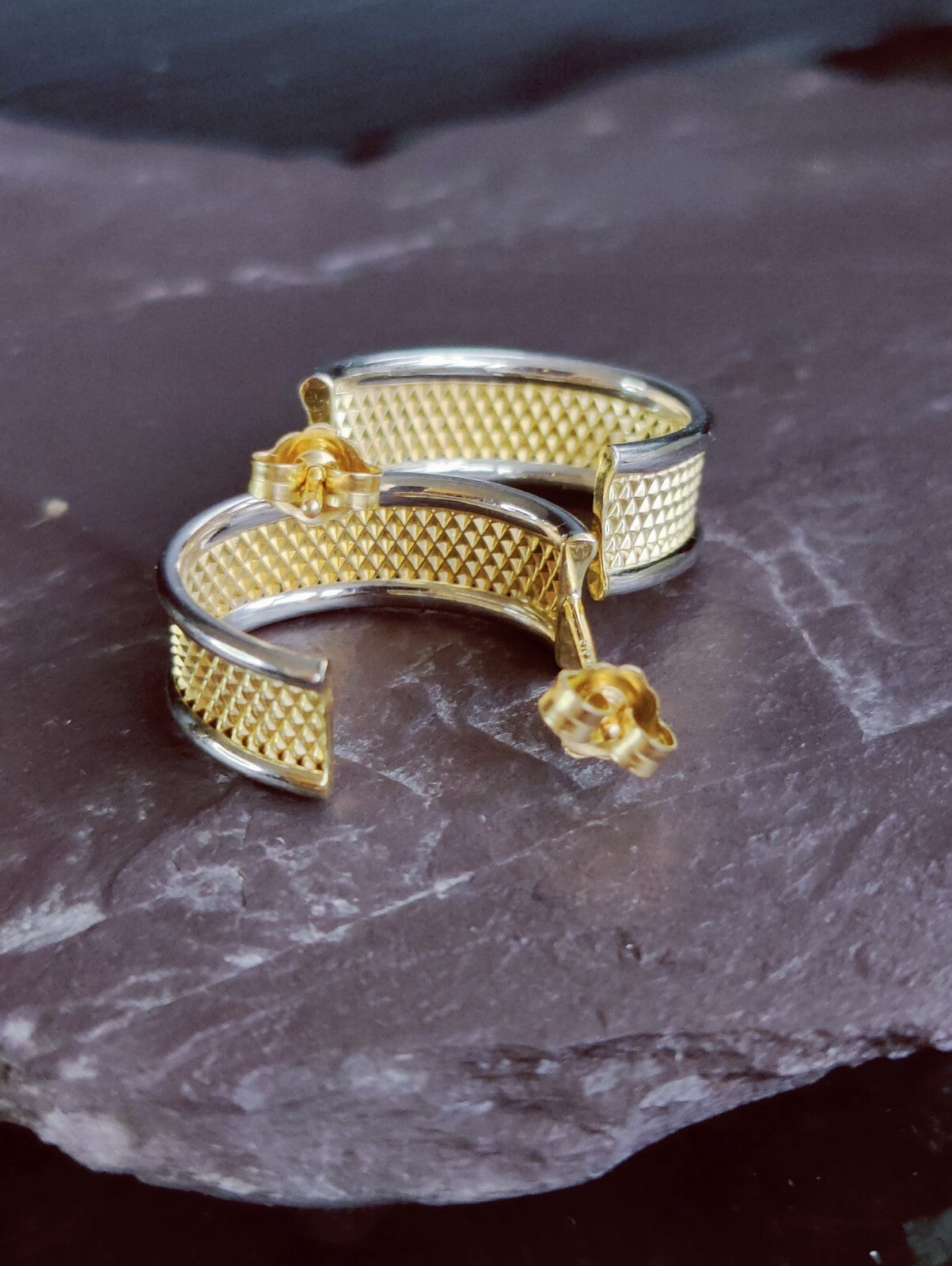 NEW 9ct Solid Yellow/White Gold Half Hoop Earrings Studs Diamond Cut Pattern