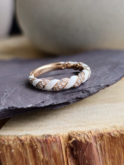 Solid 18ct Rose Gold Diamond and White Ceramic Eternity Ring Wedding Band size N