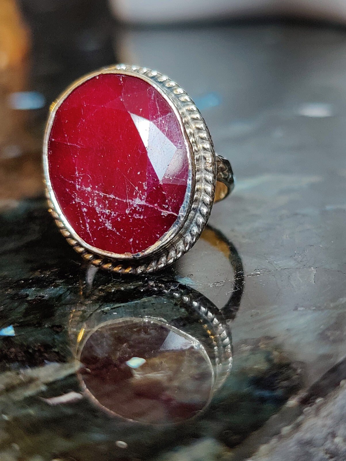 Stunning Vintage Sterling Silver Huge Ruby Ring size P Dress Coctail Statement