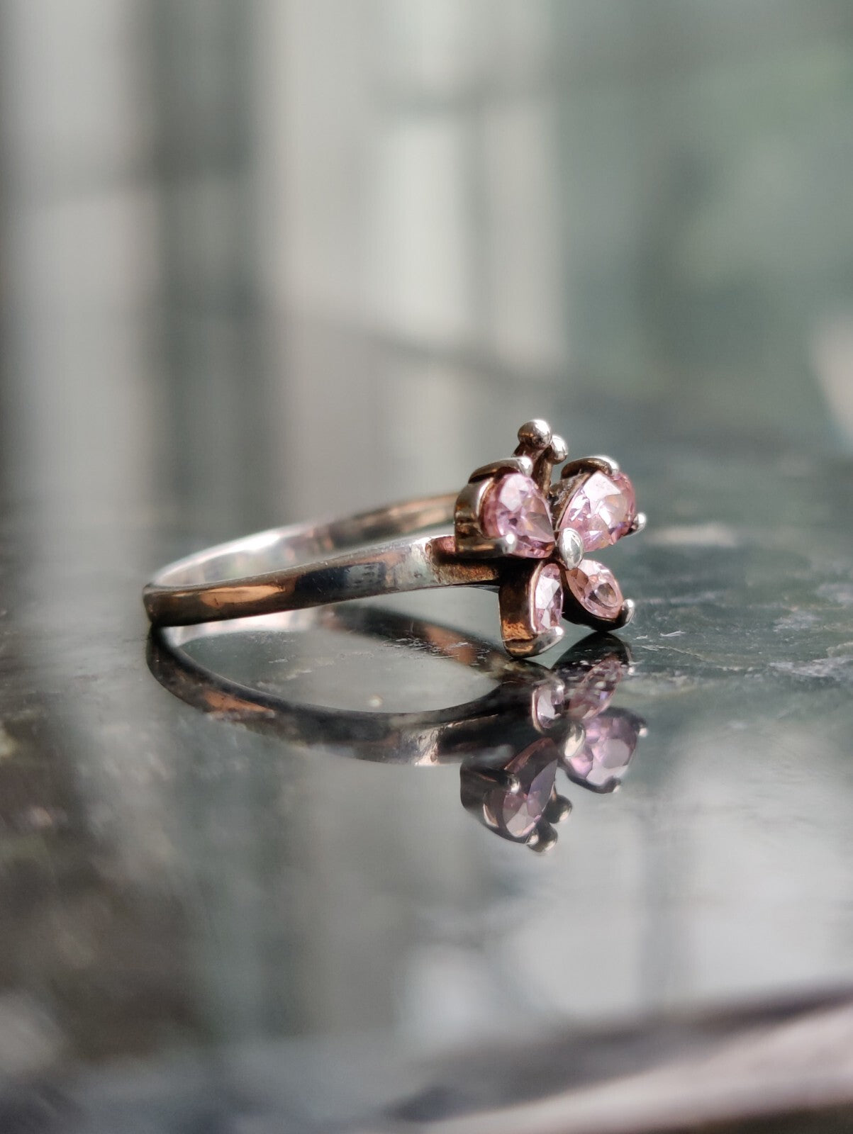 925 Sterling Silver Butterfly Ring With Pink CZs UK Size N (14) (54)