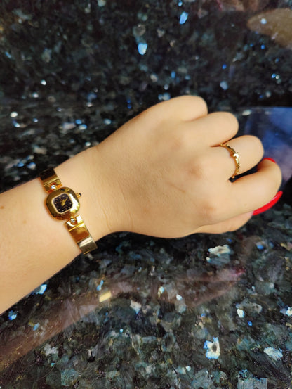 Unique Gold Plated Ladies Watch, Bangle Bracelet, Black Dial, Working, Elegant 