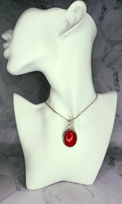 Vintage Big Oval Pendant Silver 925 with Red Stone Heavy Chunky 45mm x 24mm